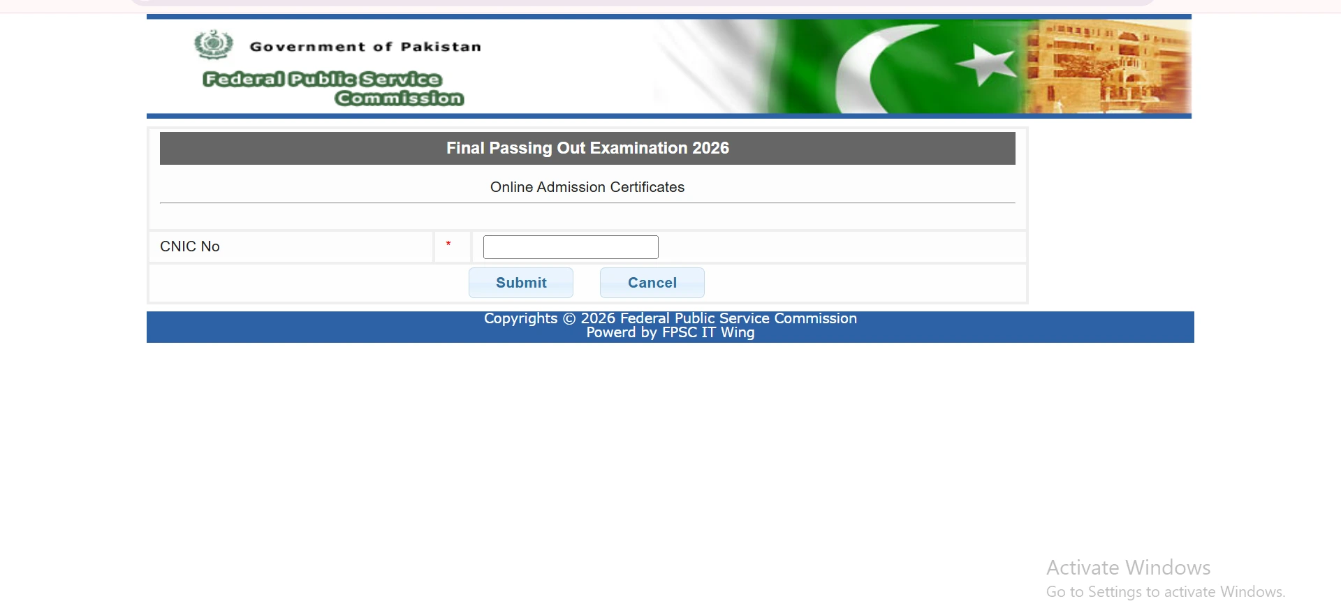 FPSC Admission Certificate 2026